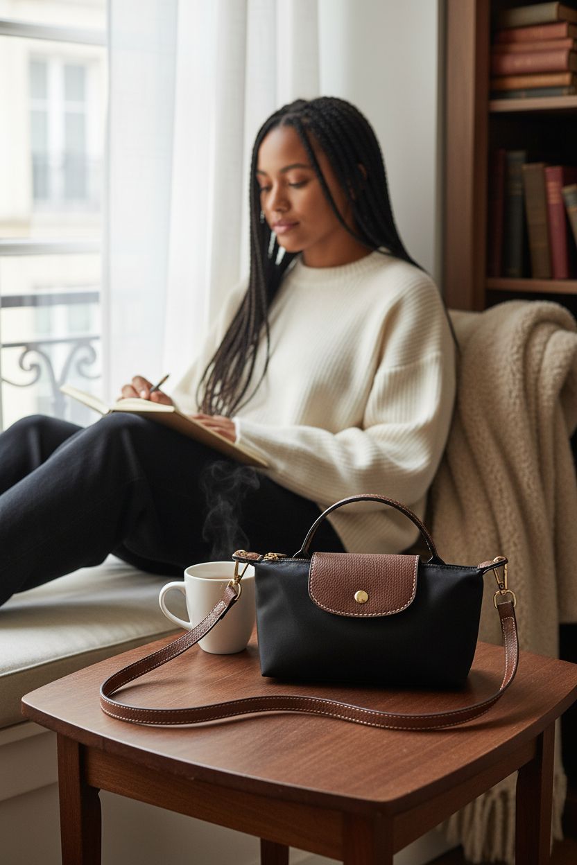 SANIKAWA mini crossbody bag in a cozy setting, paired with a ceramic mug and notebook for a relaxed vibe.