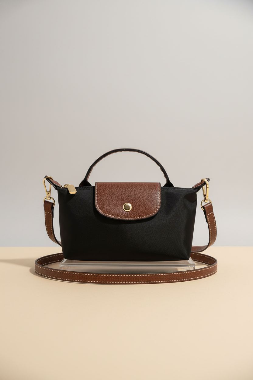 Product image of SANIKAWA mini purse, showcasing its sleek black design and stylish brown flap.