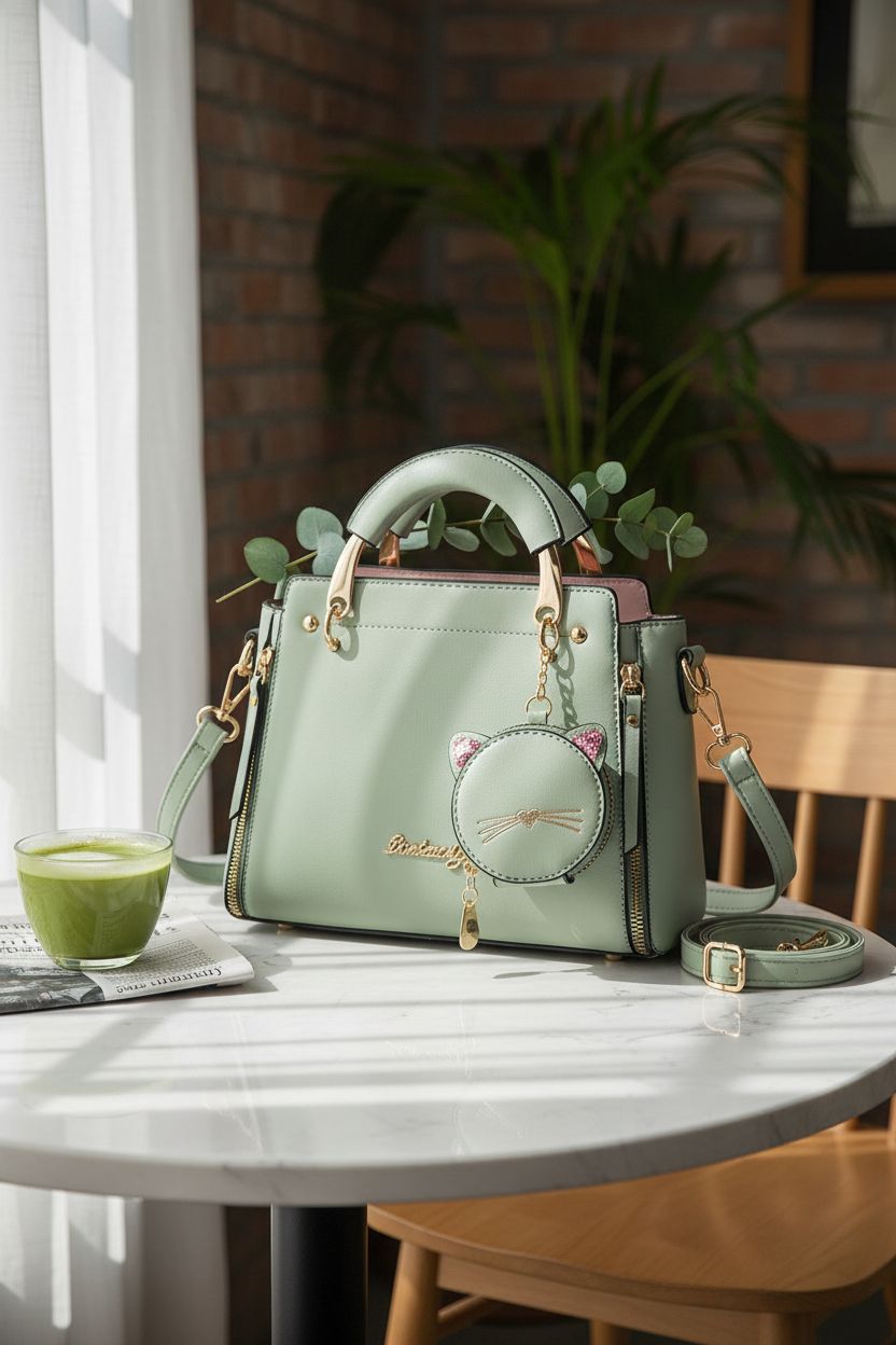 Xiaoyu mint green purse on a marble table with matcha and eucalyptus, creating a serene café atmosphere.