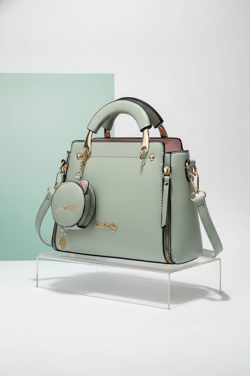 Xiaoyu mint green purse displayed in a minimal studio, highlighting its elegant design and top handle.