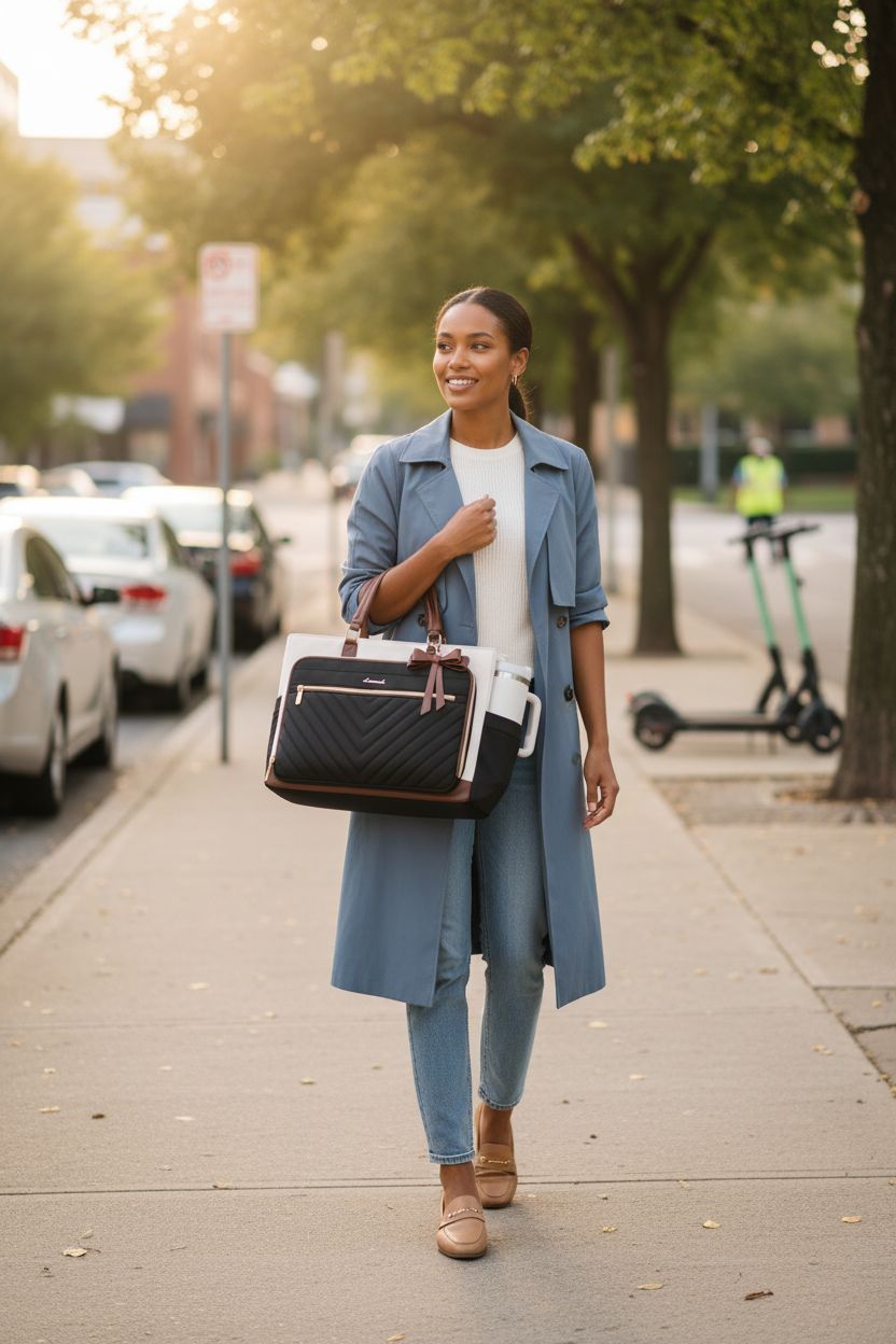 LOVEVOOK mom purse in soft golden morning light, showcasing the side cup holder and quilted design.