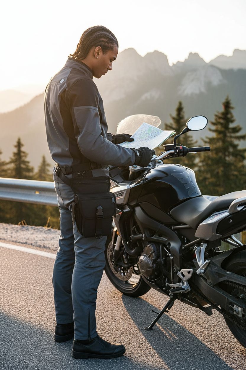 KH866 drop-leg bag secured at mid-thigh, perfect for outdoor adventures like riding and hiking.