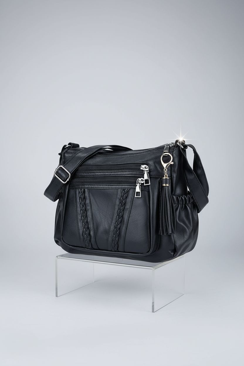 ELDA multi-compartment purse displayed to highlight its spacious design and sleek style.