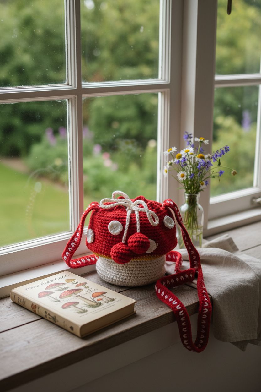 Cozy scene with Eghver mushroom purse beside vintage guide and wildflowers on a windowsill
