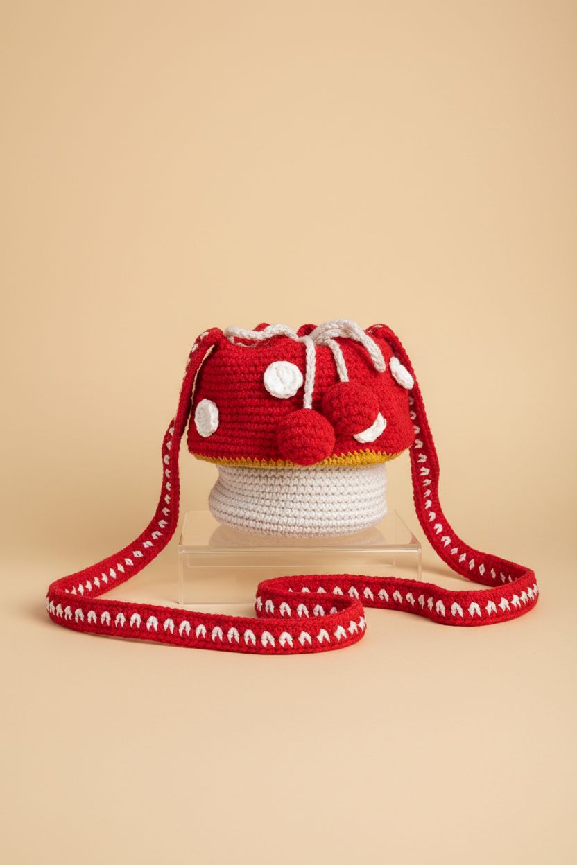 Eghver mushroom purse showcasing crochet texture and polka-dot appliqués on beige backdrop