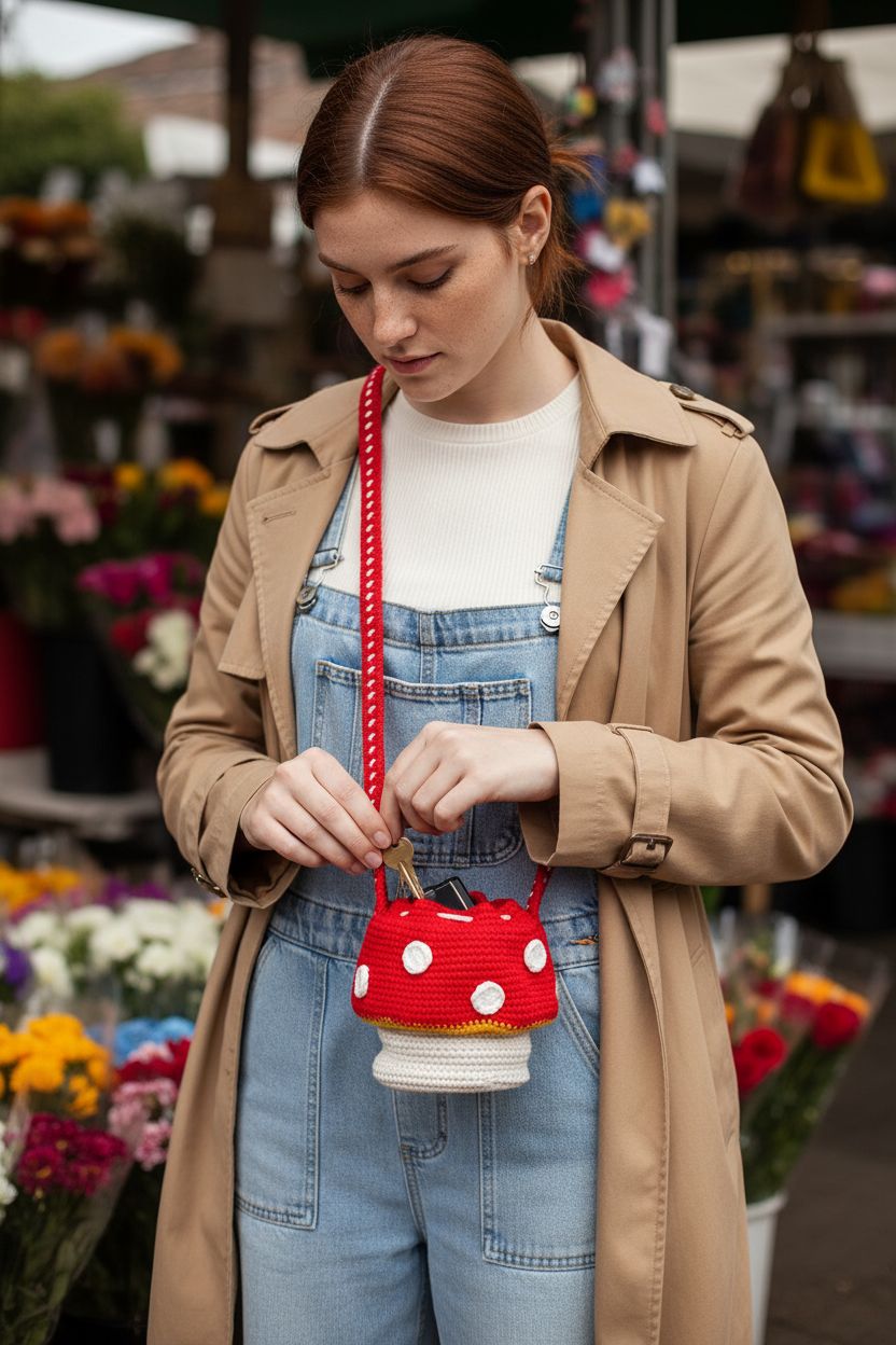 Red crochet mushroom purse by Eghver opened to reveal keys and lipstick at a market stall