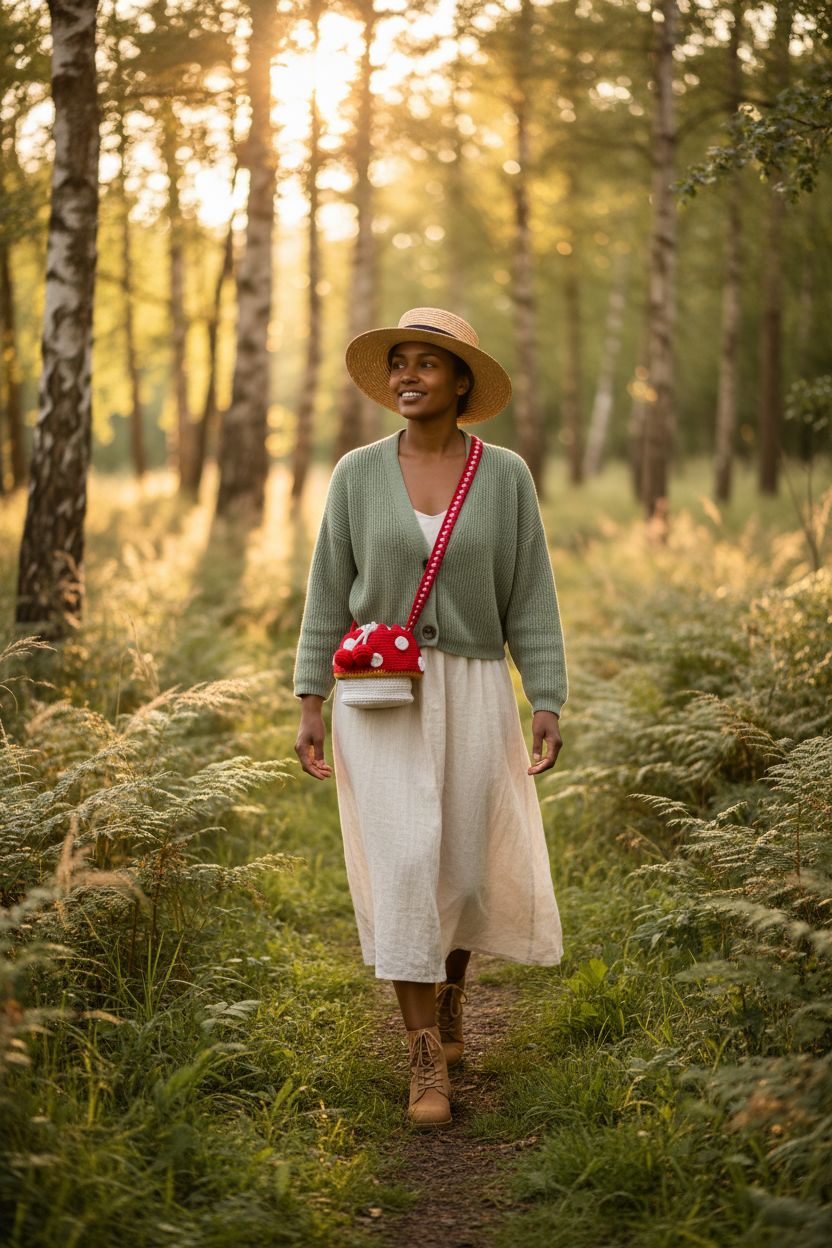 Eghver mushroom purse in a vibrant woodland setting, ideal for outdoor strolls