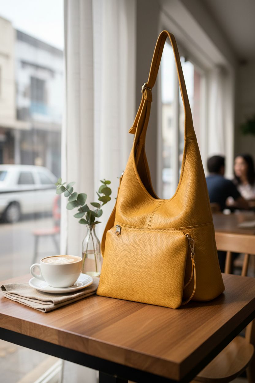 Montana West mustard yellow hobo bag resting on a café table, exuding a cozy vibe.