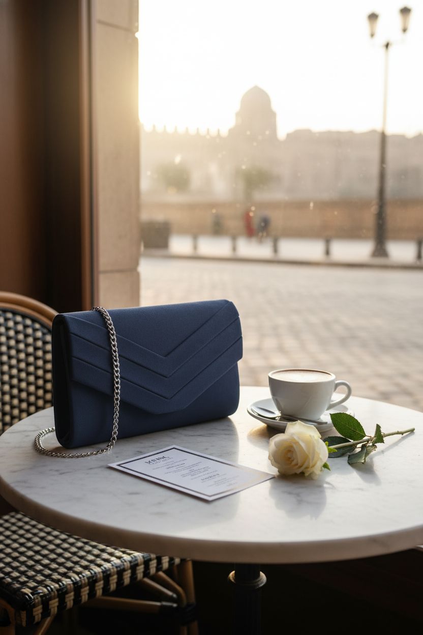 Milisente navy blue suede clutch in a cozy café setting, evoking calm elegance