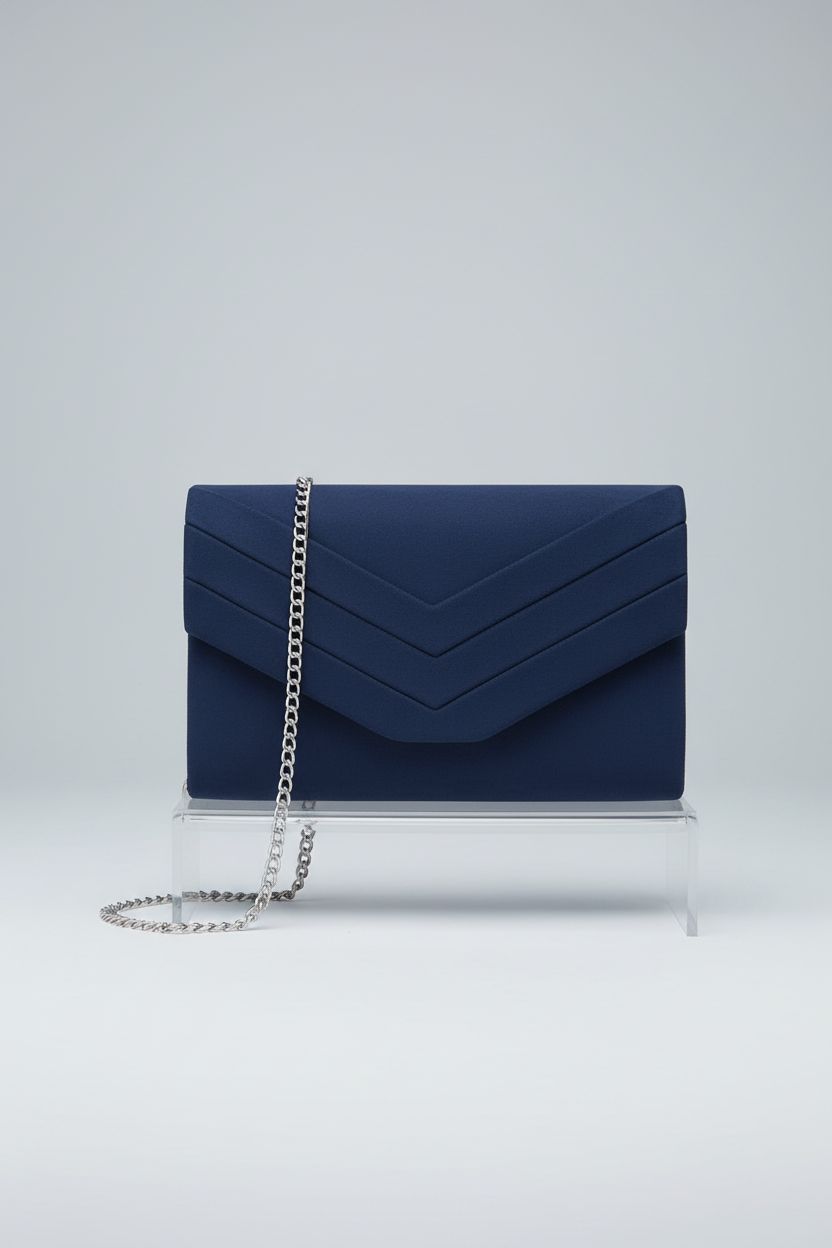 Milisente navy blue suede envelope purse showcasing its refined design and details