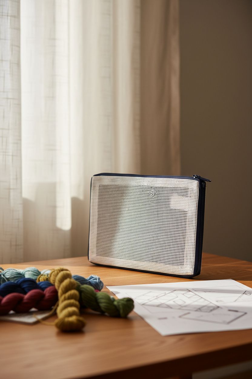Alice Peterson needlepoint clutch with wool skeins on a warm coffee table, creating a craft-ready atmosphere.