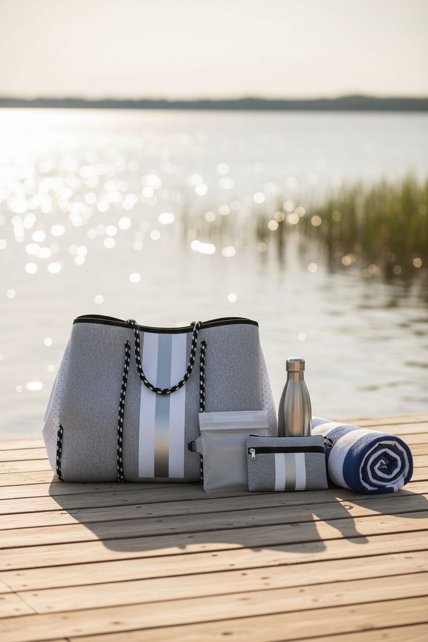 IBFUN grey white striped neoprene tote on a dock with towel and water bottle