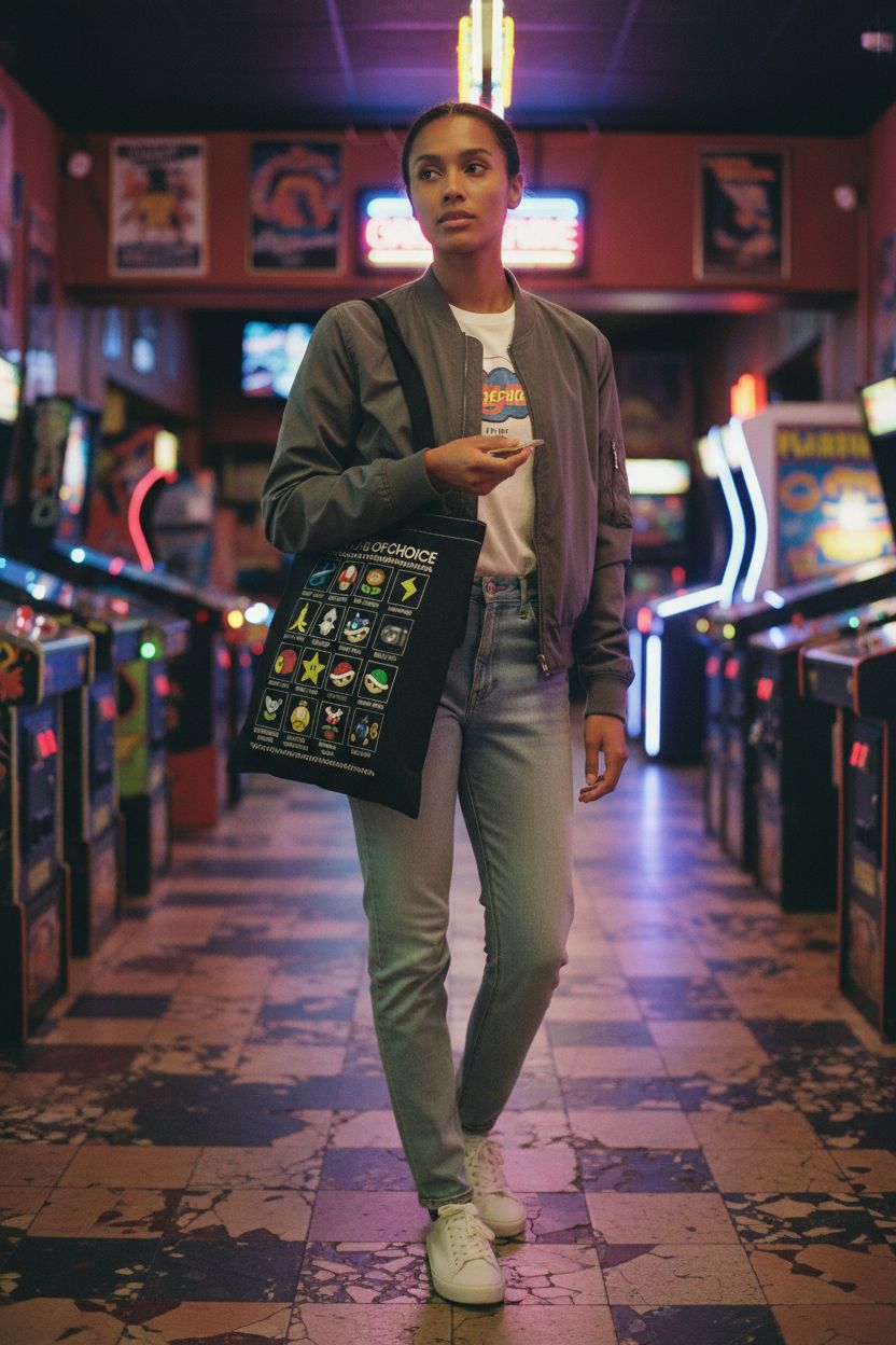 G2TUP Adventure Video Game Tote Bag showcased in vibrant arcade setting, ideal for gamers