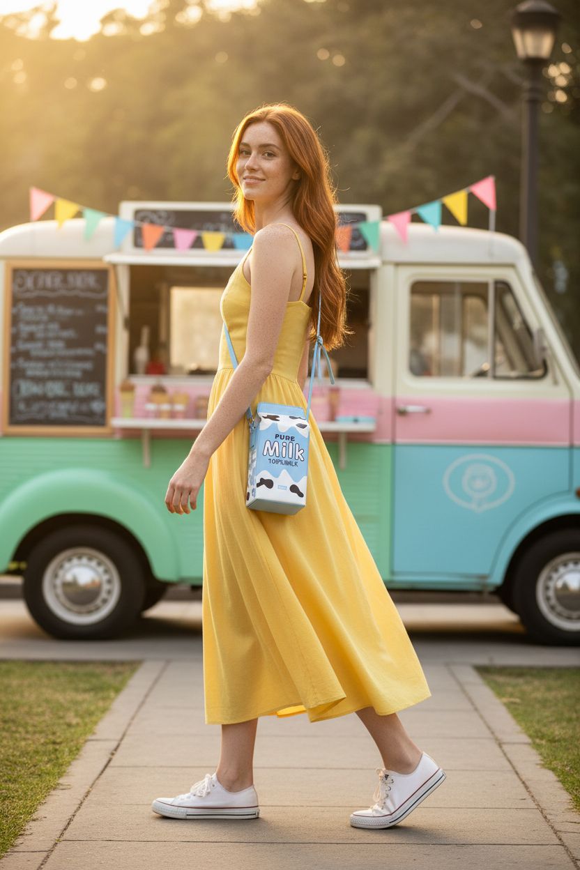 QiMing novelty milk box crossbody purse bag in golden-hour light, stylish and playful.