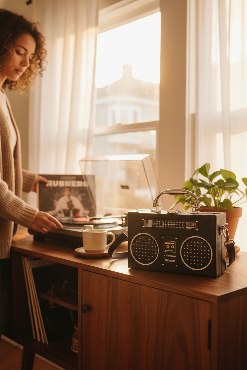 TAMMYFLYFLY radio cross-body bag on a walnut credenza beside a record player and plants.