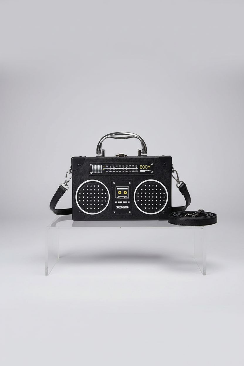 Close-up of TAMMYFLYFLY vintage radio-shaped black handbag on acrylic riser, showcasing details.