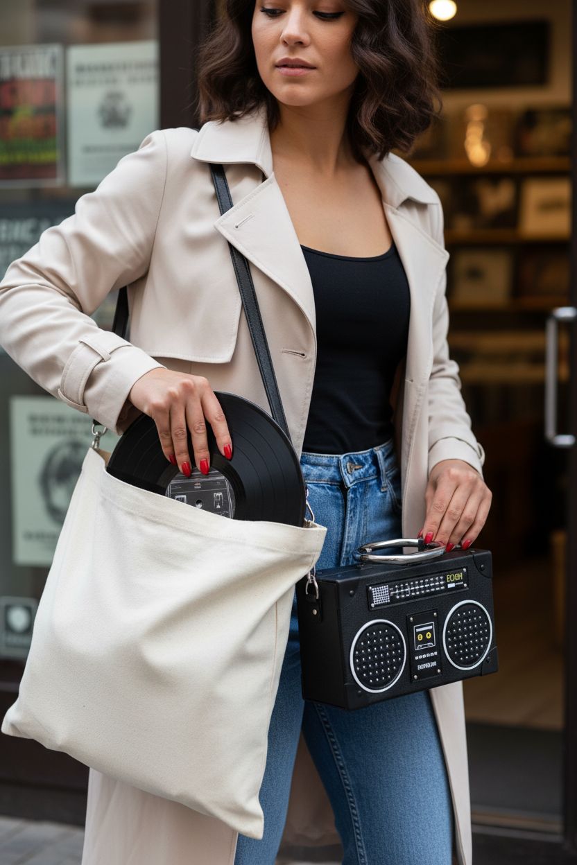 TAMMYFLYFLY vintage radio-shaped black cross-body bag styled with a trench coat and jeans.