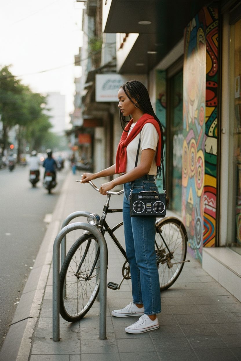 TAMMYFLYFLY black radio-shaped cross-body bag pictured with a vintage bike near a record shop.