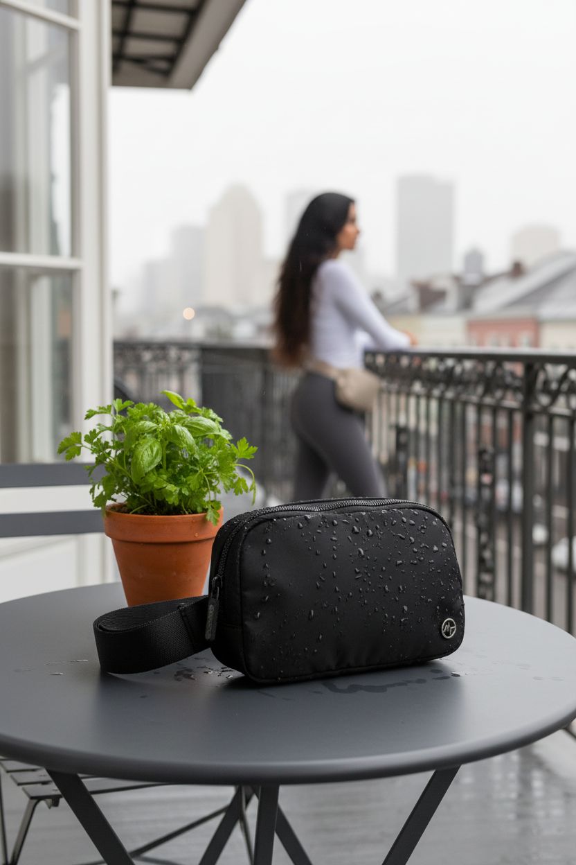 Pander black nylon bag resting on a bistro table with raindrops, creating a serene vibe.