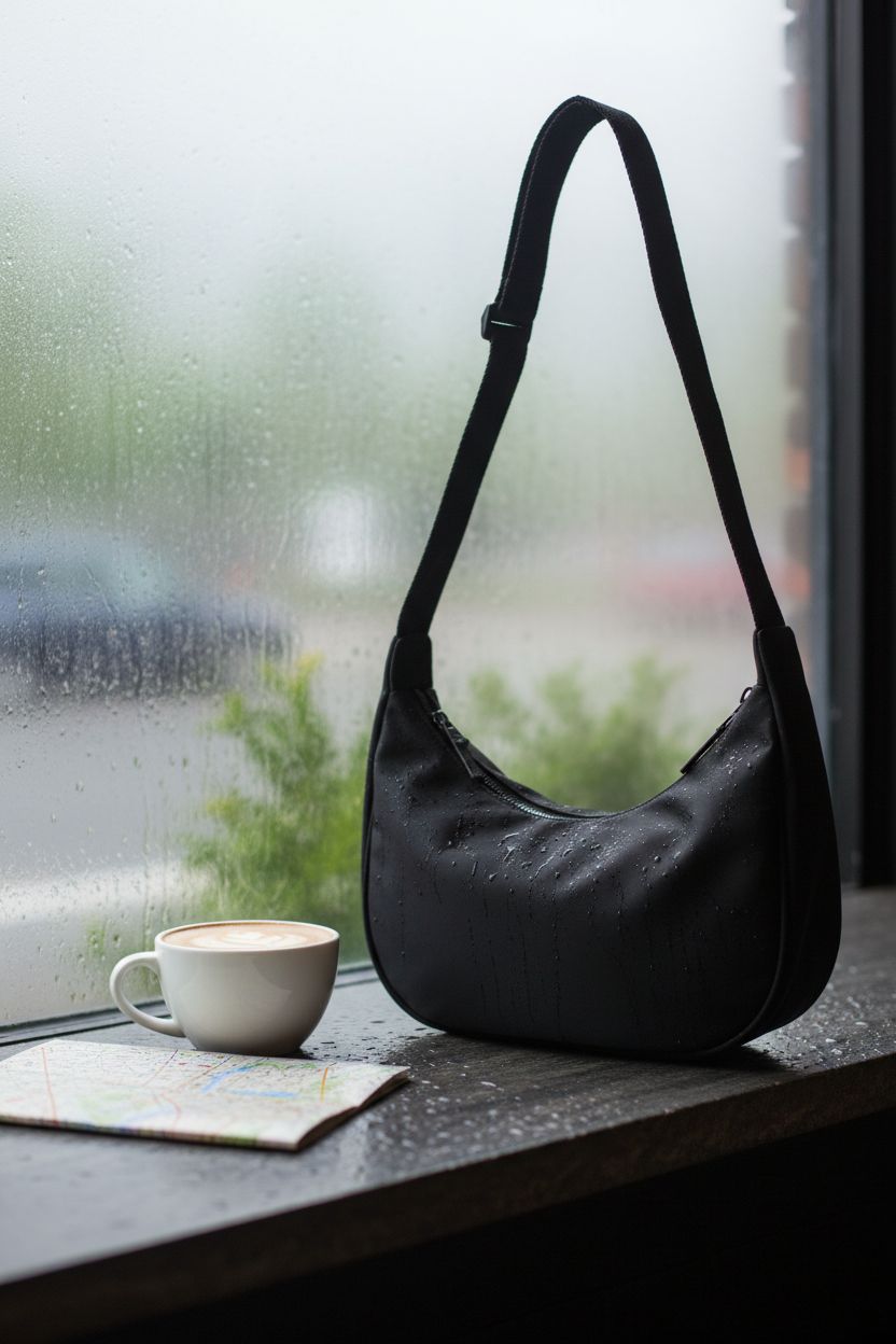 Iioscre crescent nylon bag resting on stone table with latte, creating a cozy cafe vibe.