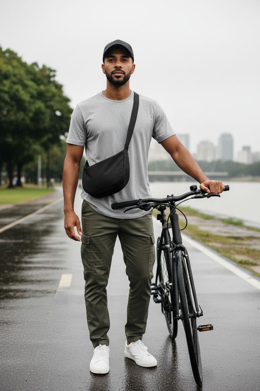 Iioscre lightweight crossbody bag in action, ideal for commuters by the riverside after rain.