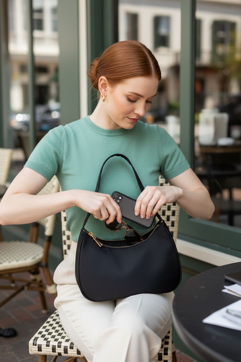 CYHTWSDJ black nylon hobo purse open on a café table, showing organized interior and style.