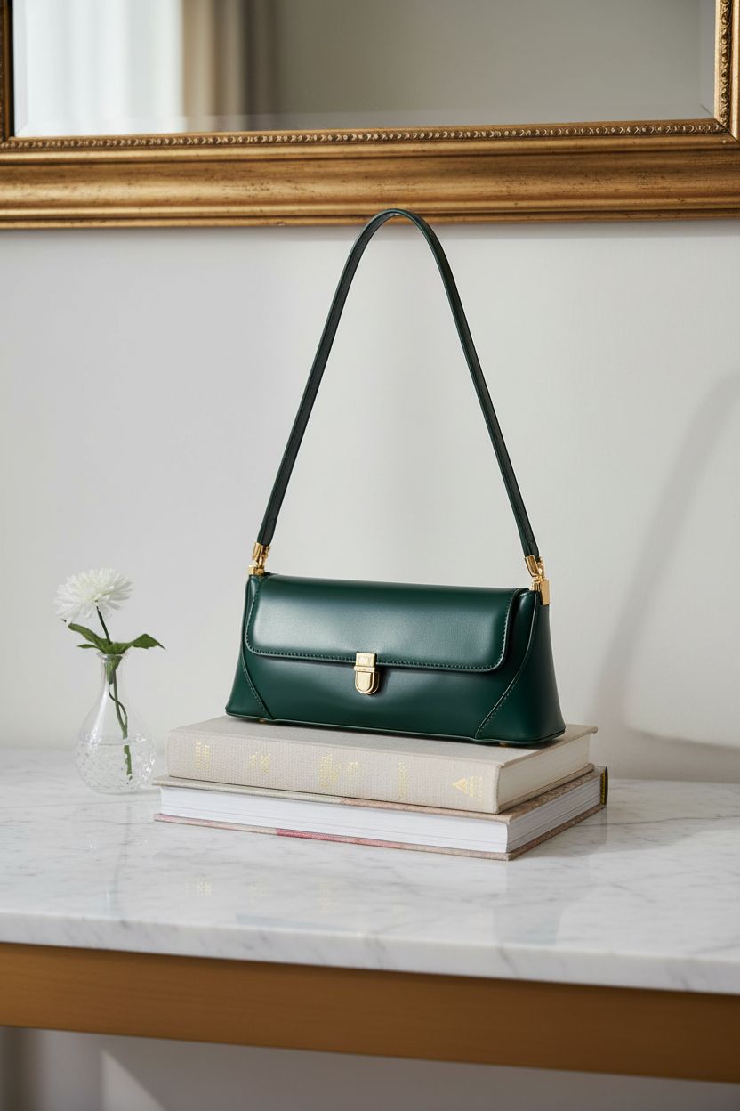 Cuiab vintage shoulder bag displayed elegantly on marble console with art books and crystal vase.