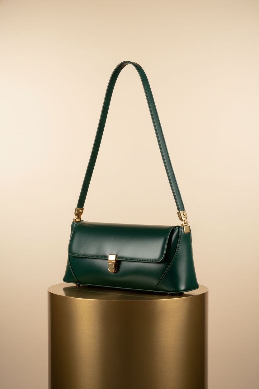 Cuiab blackish green baguette bag on polished brass plinth, showcasing its sleek vintage design.