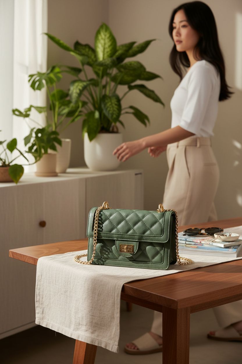 SG SUGU olive bag resting on a console surrounded by plants in a sunlit nook.
