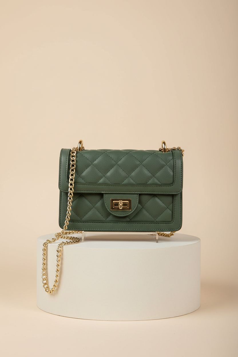SG SUGU olive quilted crossbody bag showcased on a pedestal with elegant lighting.