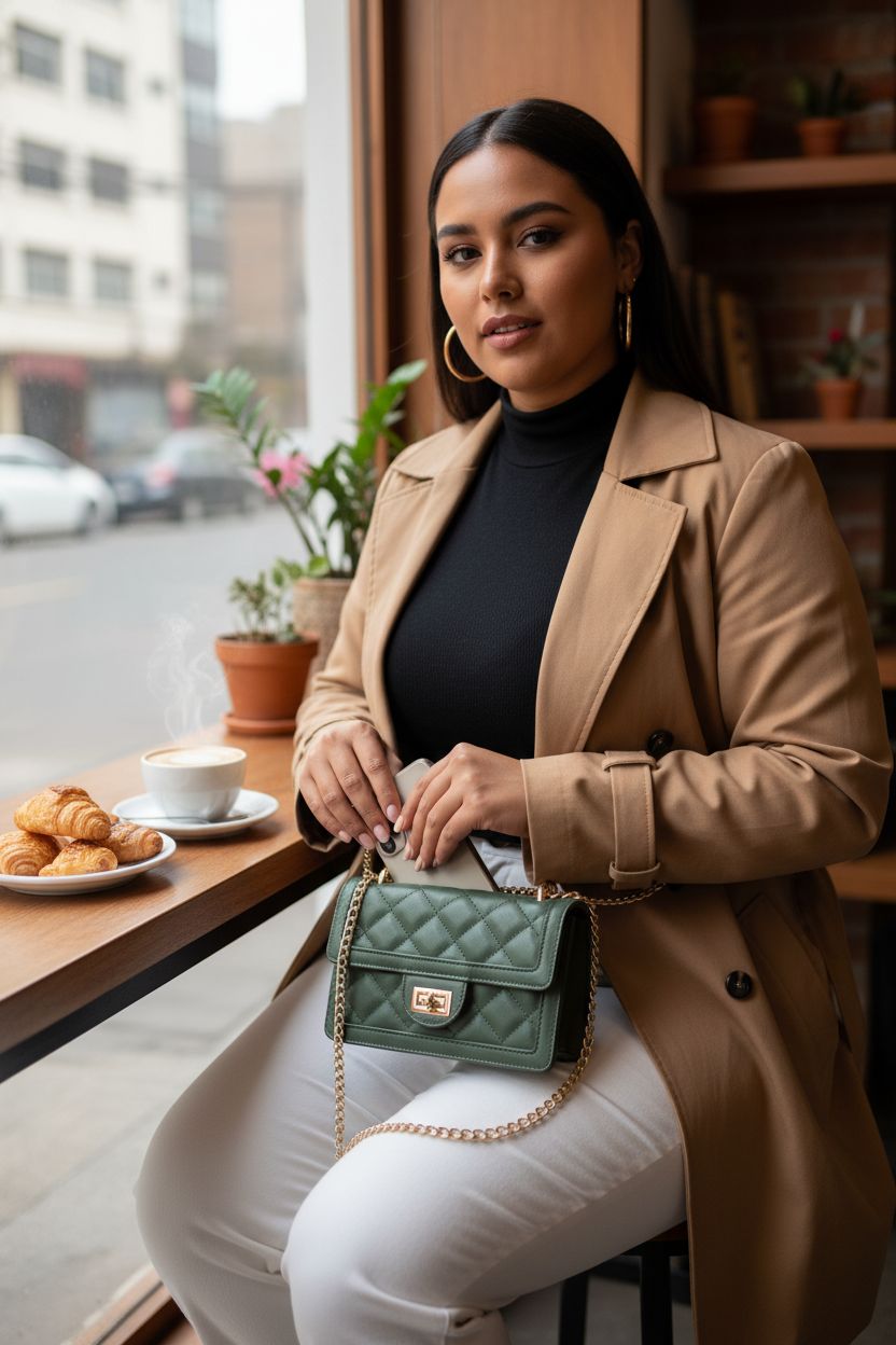 SG SUGU olive quilted crossbody bag on a café table with latte and pastries.