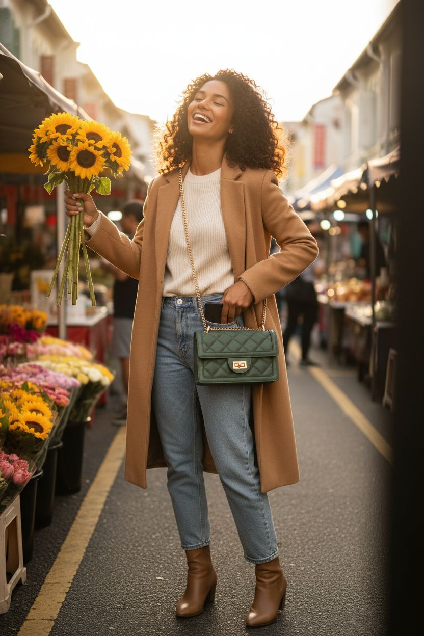 SG SUGU olive crossbody bag hanging at hip height in a vibrant farmers' market.