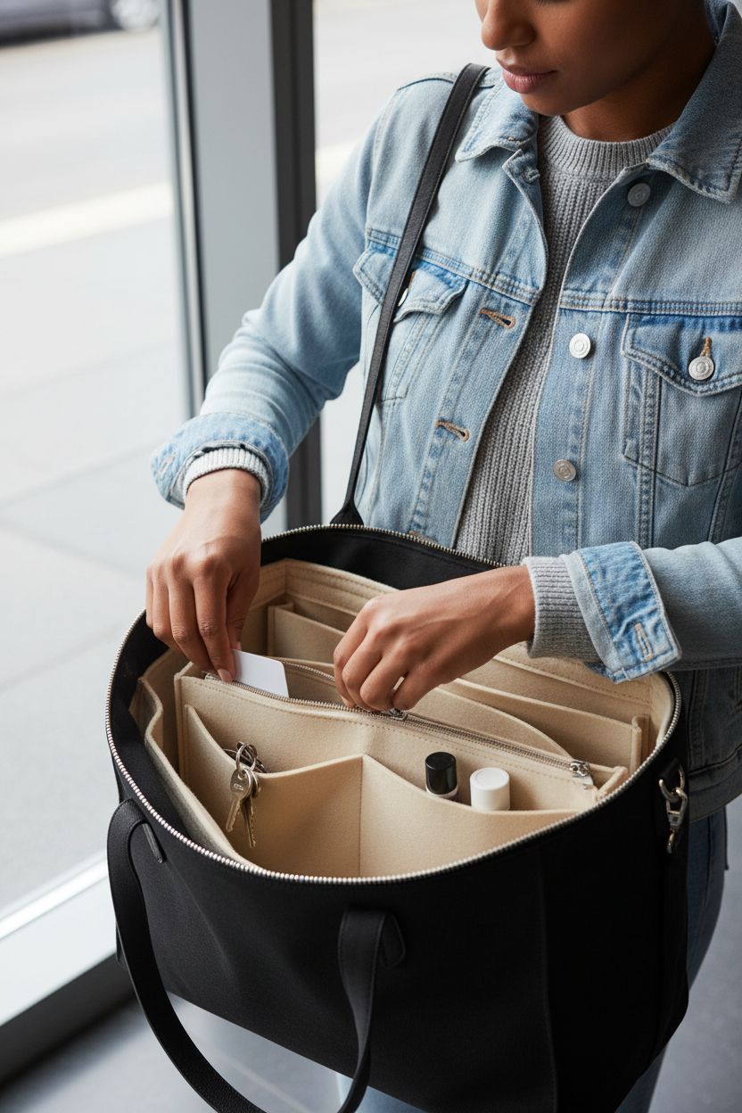 OMYSTYLE felt purse organizer inside a dark tote with keys and lip balm neatly arranged.