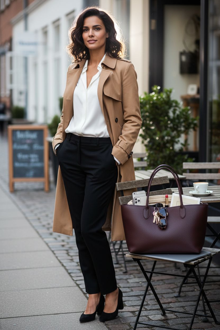 OMYSTYLE purse organizer in an espresso tote, showcasing essentials like phone and notebook.