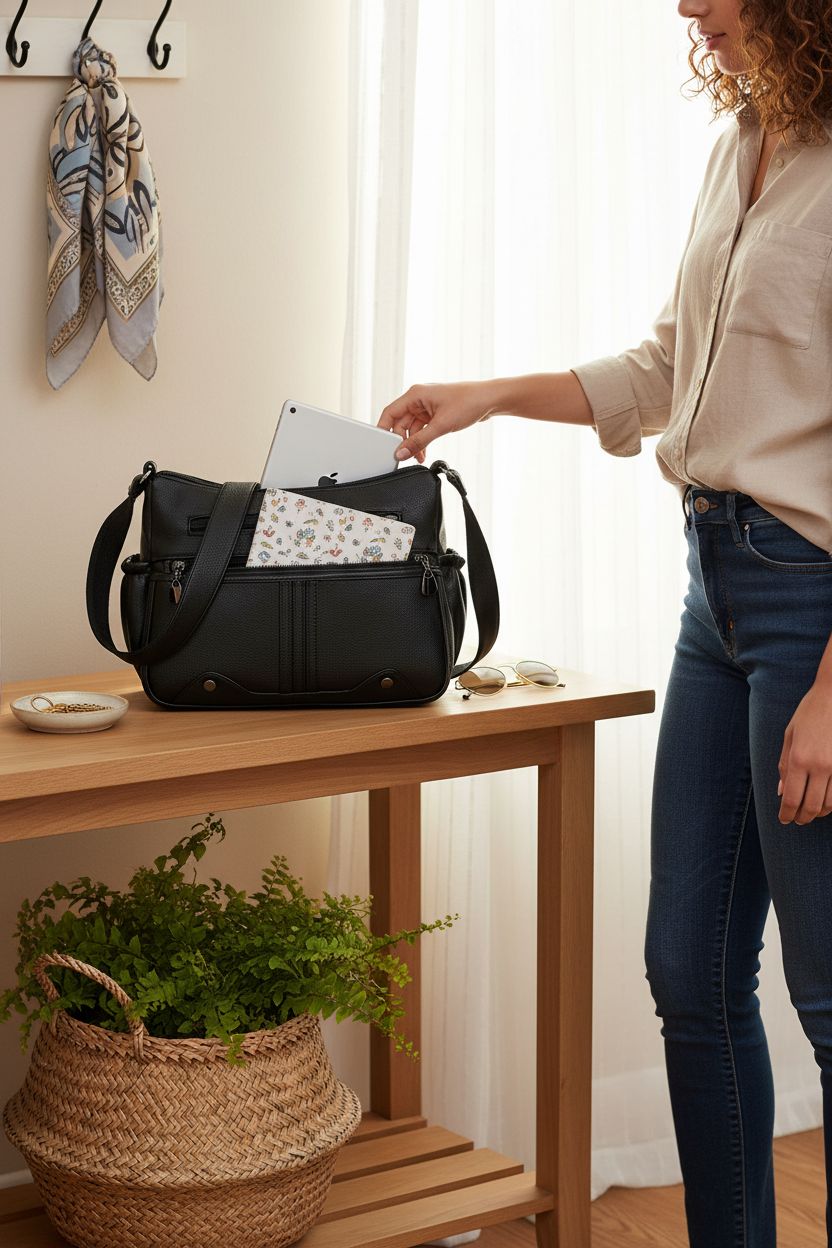 Elegant VOLGANIK ROCK multi-pocket organizer purse on a console, showcasing its practicality.