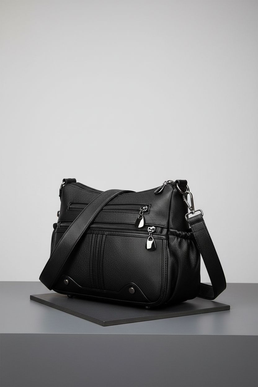 Detailed view of VOLGANIK ROCK PU leather organizer purse highlighting pockets and sleek design.