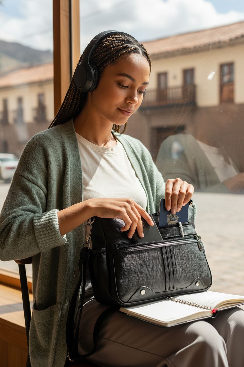 VOLGANIK ROCK black crossbody bag with ample pockets, ideal for coffee shop planning.