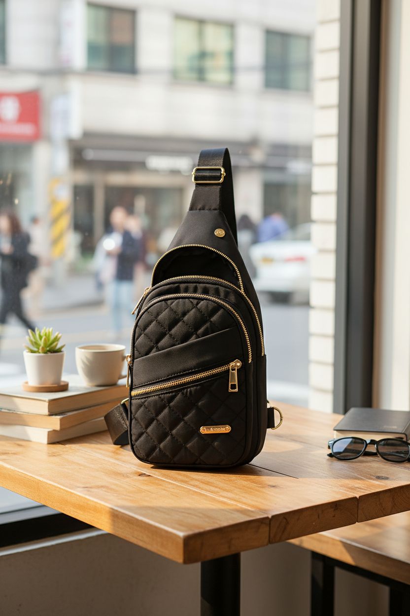 YAZEKOUS Sling Bag resting on a café table, showcasing its water-resistant nylon and stylish design.
