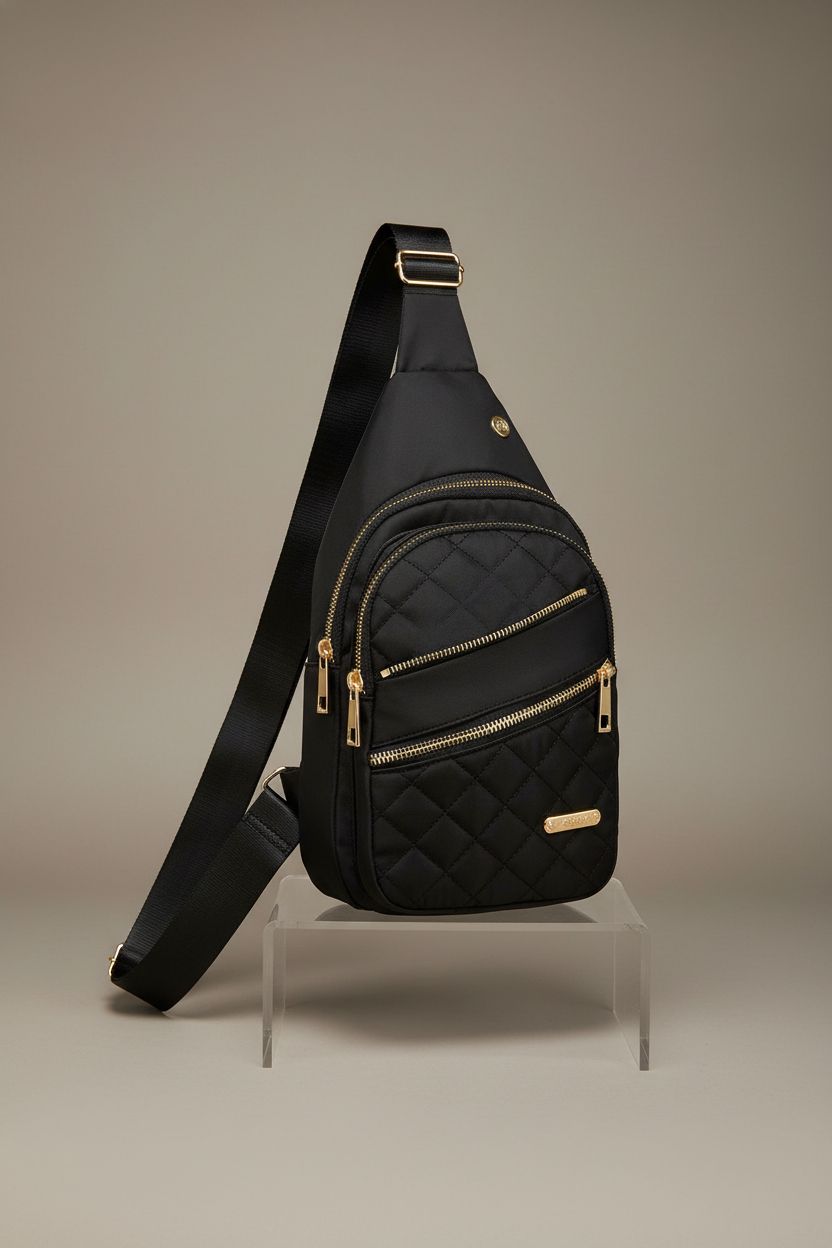 YAZEKOUS Women's Sling Bag on a riser, highlighting adjustable strap and gold hardware details.