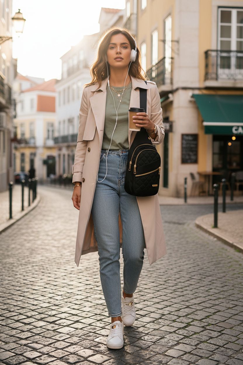 YAZEKOUS Women's Sling Bag in X-Black, nylon material, stylishly worn over a light trench and jeans.