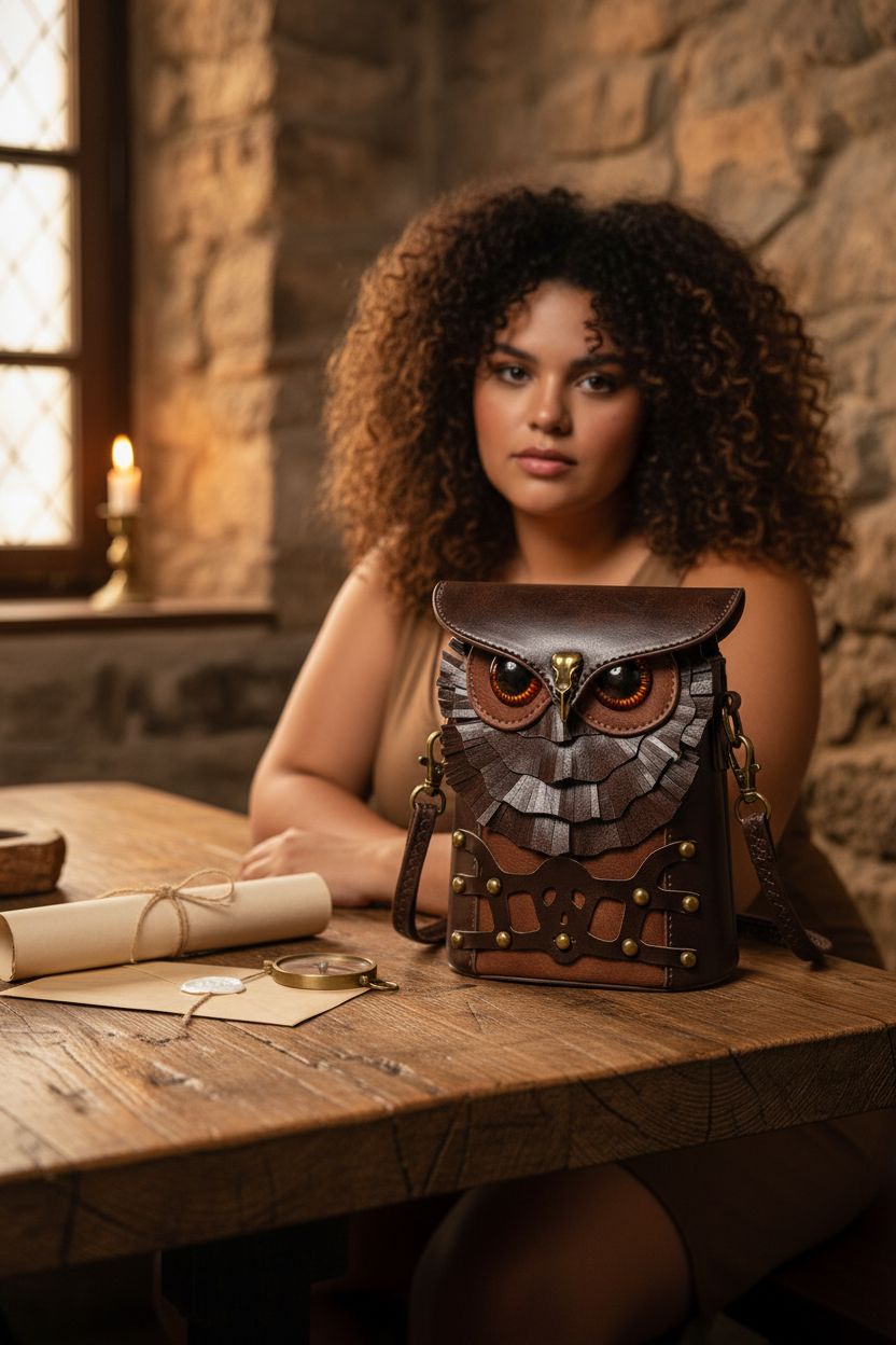 Valentoria owl bag resting on a wooden table in a cozy tavern setting, with vintage items.