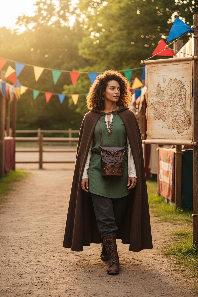 Valentoria small owl crossbody bag in a medieval festival setting, showcasing brass hardware.