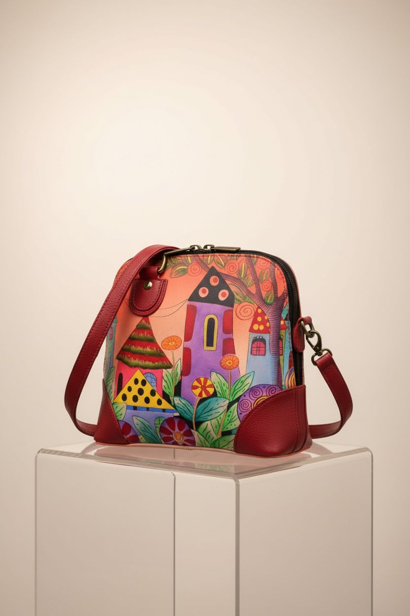 Anna by Anuschka coral leather purse on display, showcasing its unique design and craftsmanship