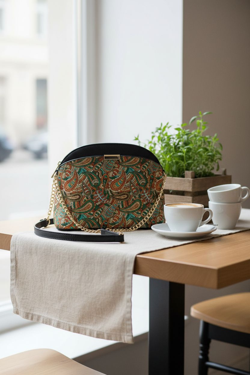 FashionPuzzle paisley print crossbody resting on a cozy café table with cappuccino and herbs.