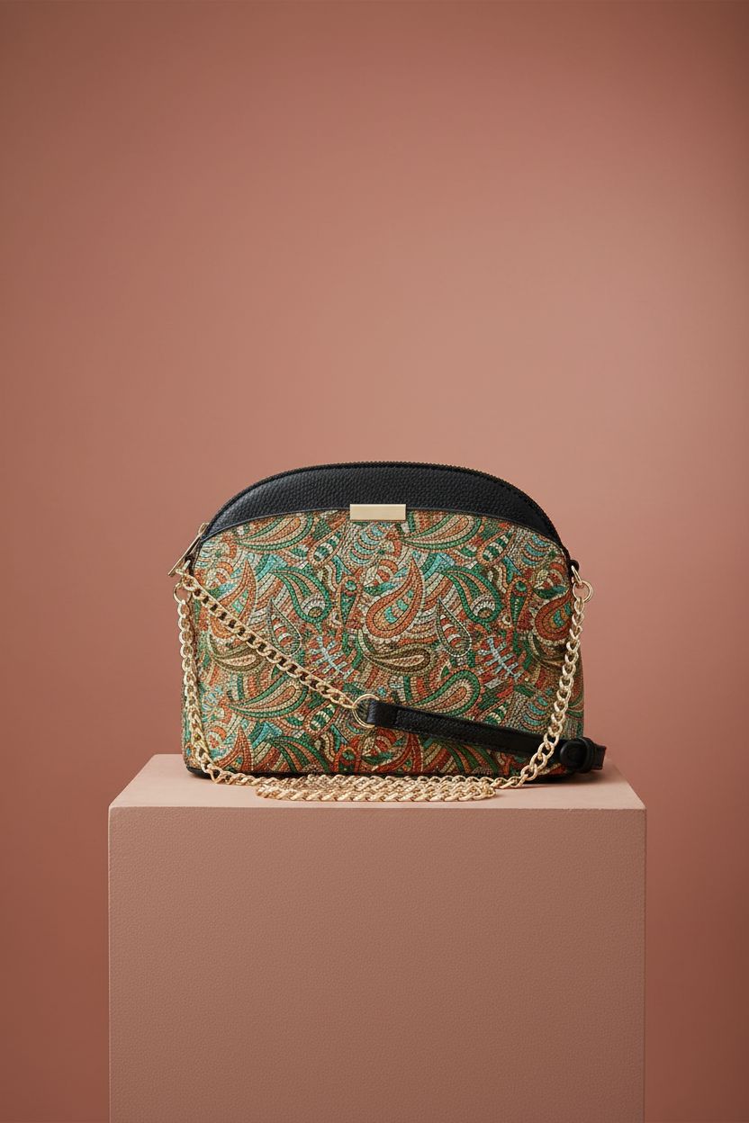FashionPuzzle paisley print dome crossbody bag on a terracotta backdrop highlighting its design and materials.