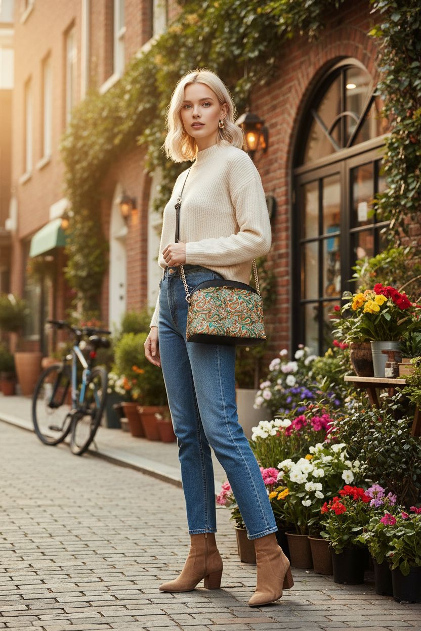 FashionPuzzle paisley print crossbody bag showcased during golden hour while window shopping.