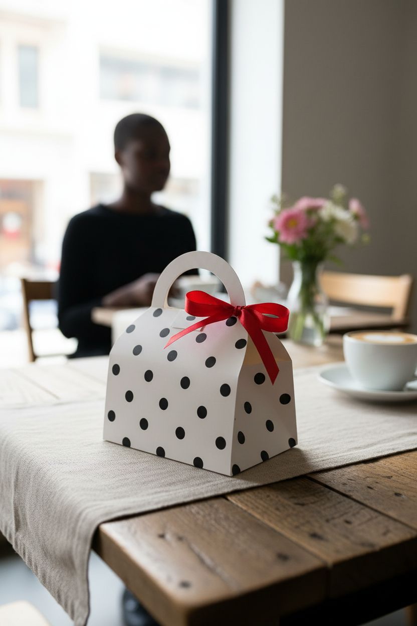 Karentology polka-dot paper purse elegantly displayed in a cozy café setting with soft lighting.