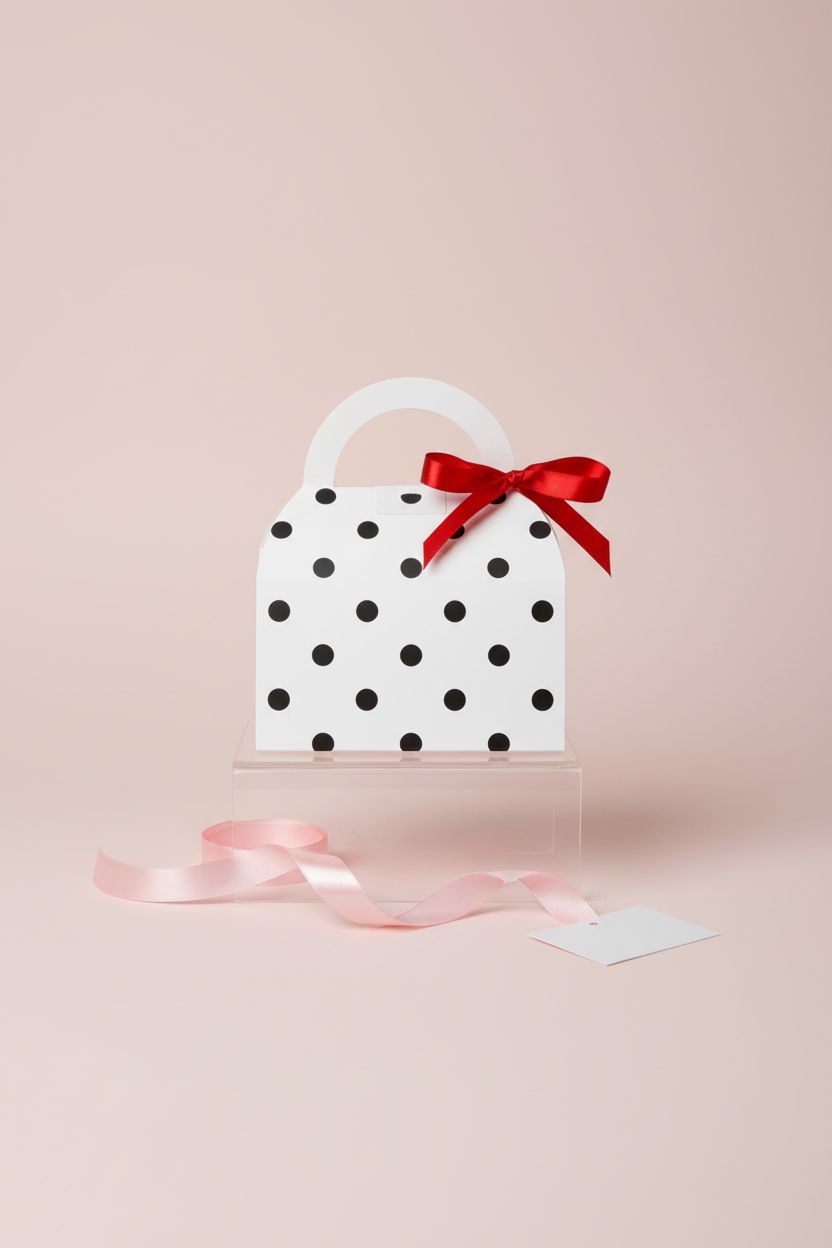 Karentology polka-dot paper purse on a clear stand, showcasing its design and ribbon details.