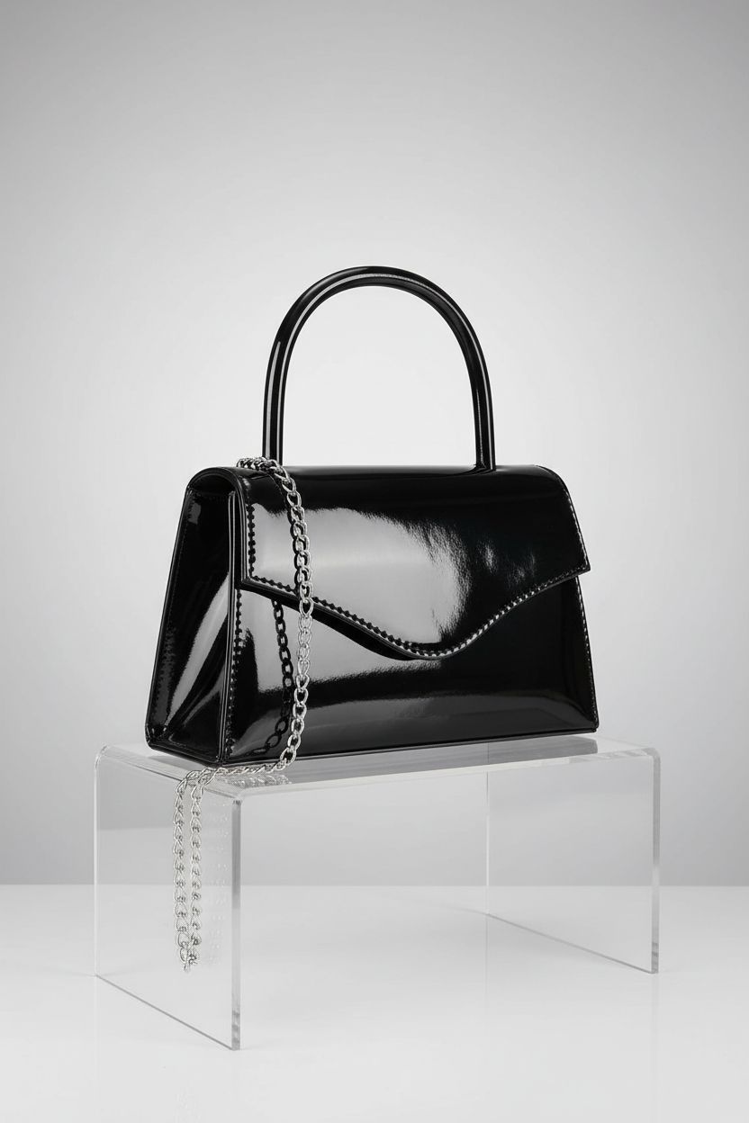 Milisente patent leather evening bag with structured silhouette on a minimalist backdrop, showcasing its sleek design.