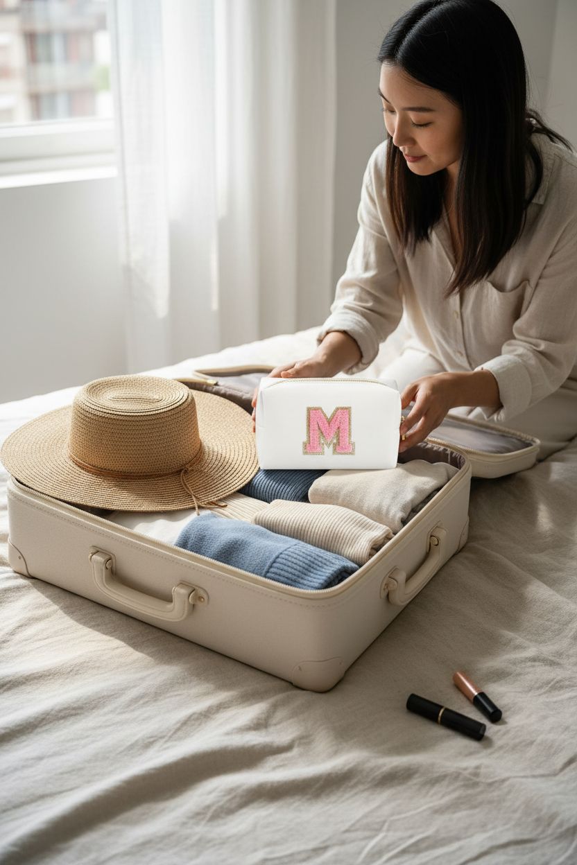 ChaoGreat personalized makeup bag with initial M on a linen duvet, ready for weekend travel, exuding style.